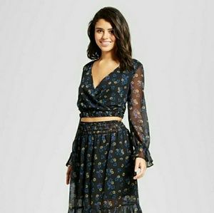 Xhiliration sheer black floral crop